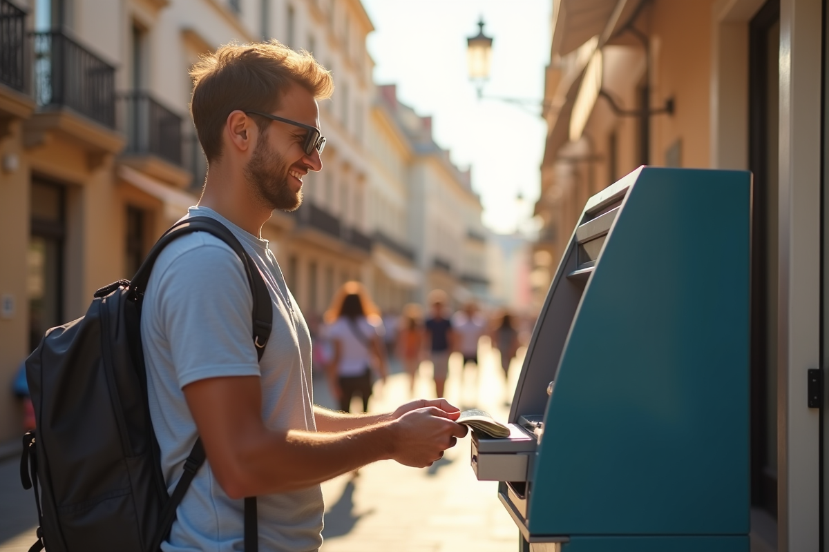 Voyageur souriant retirant de l'argent à un ATM en Europe