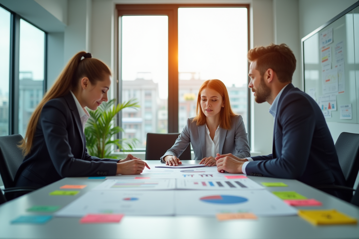 Trois professionnels en réunion avec graphiques et notes colorées
