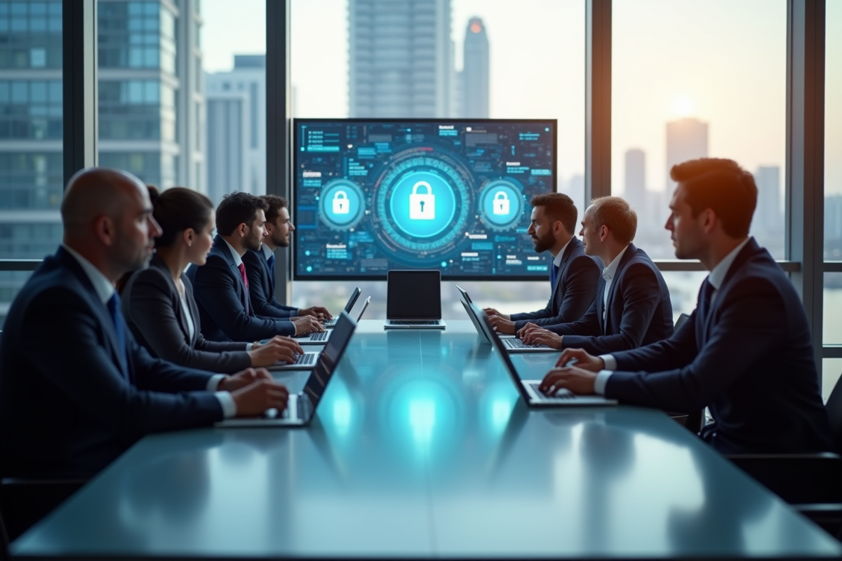 Groupe de professionnels en réunion avec table digitale et graphiques de cybersécurité