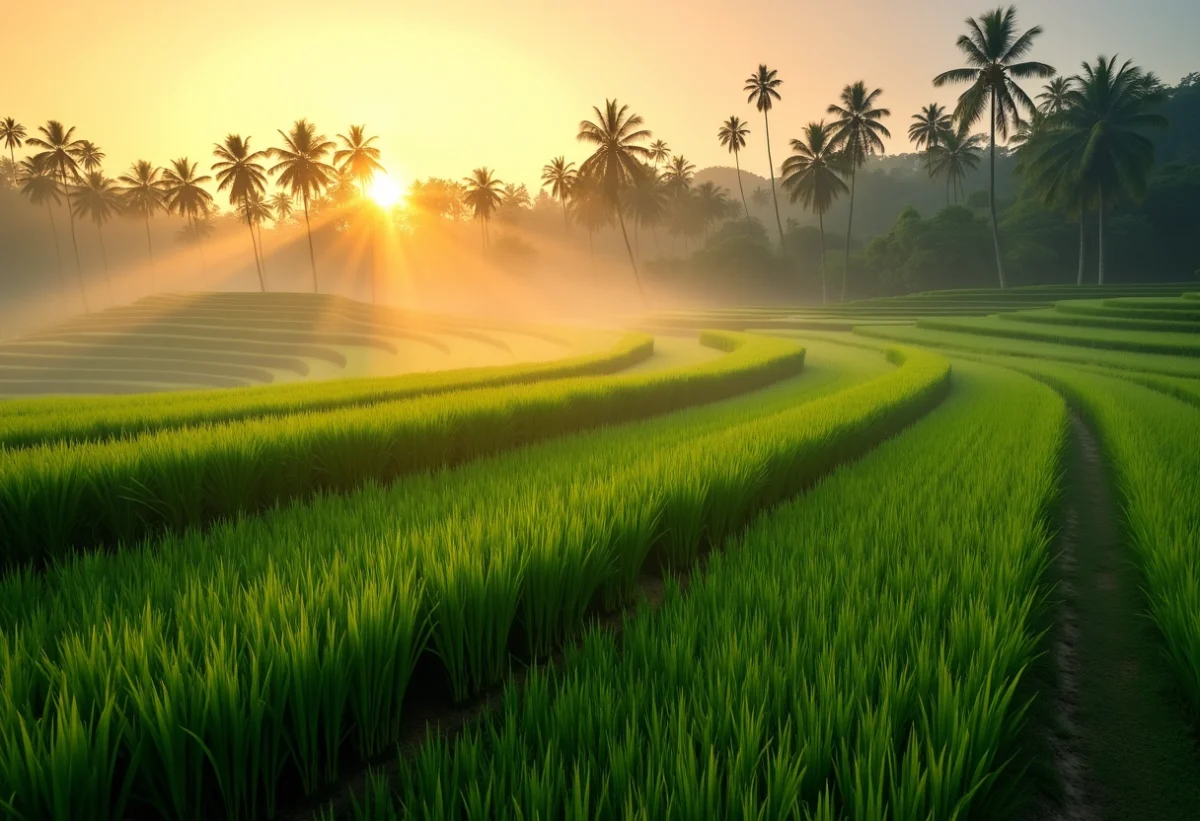 Rizière verte à Ubud Bali au matin avec soleil doré