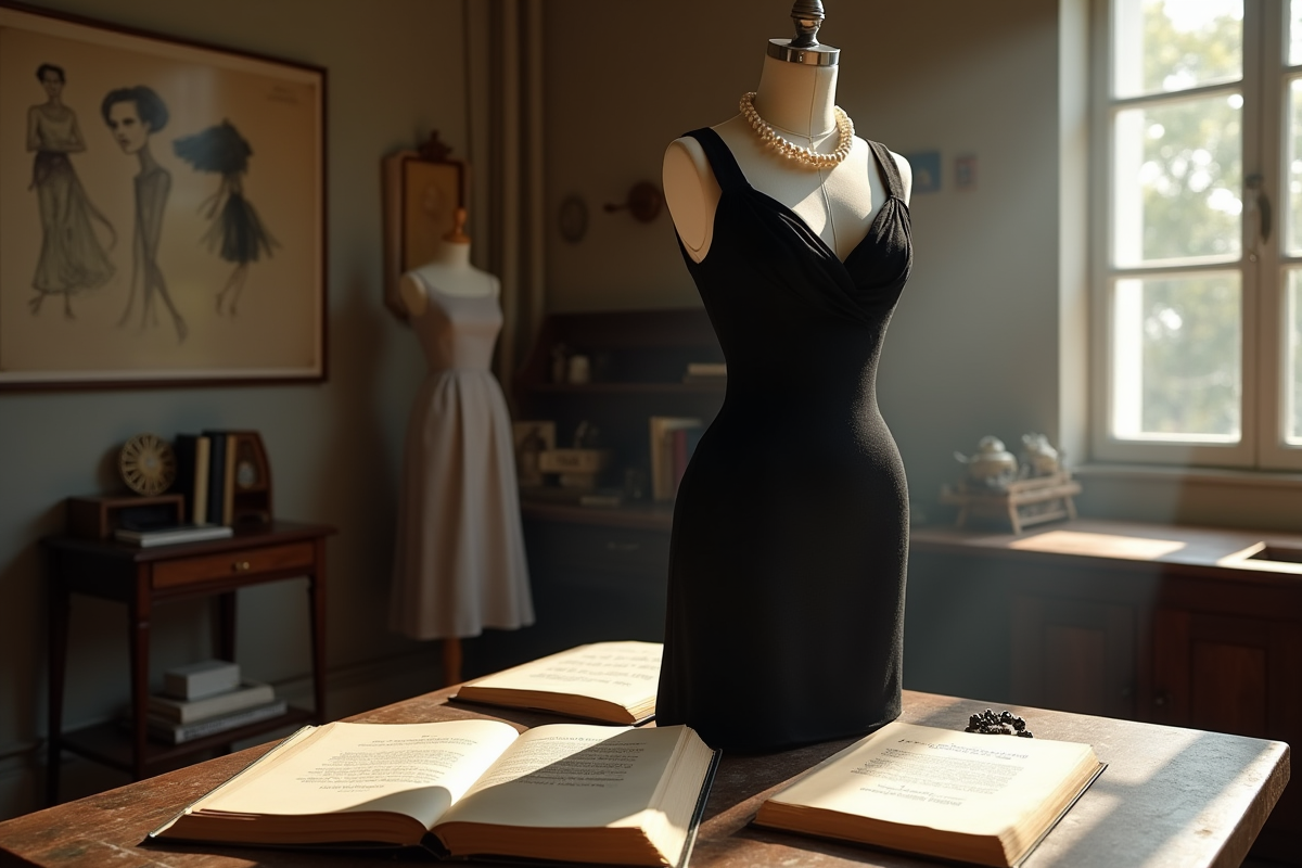 Robe noire sur mannequin dans un atelier avec croquis et perles
