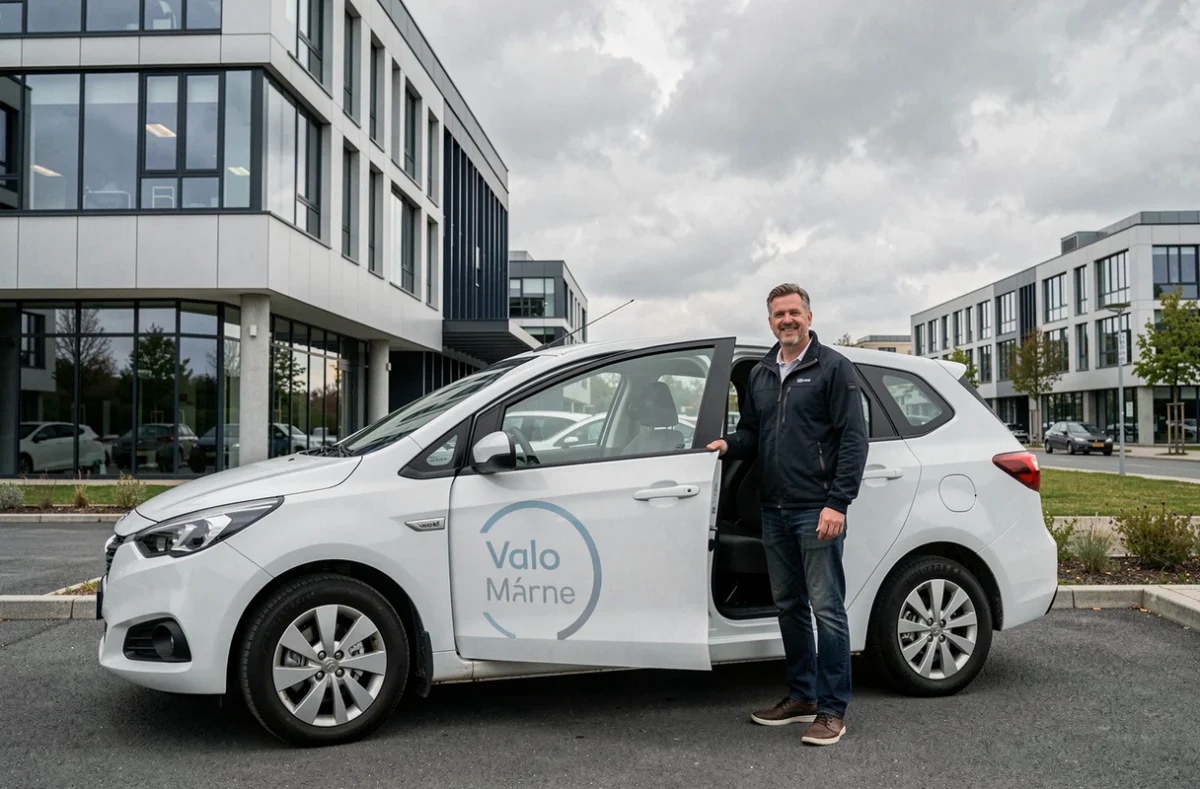 Véhicule taxi RoùlePro garé devant un immeuble professionnel dans le Val-de-Marne