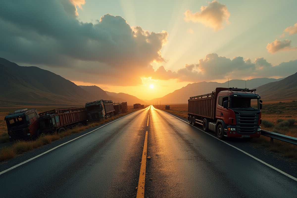Route abandonnée au lever du soleil avec metal tordu