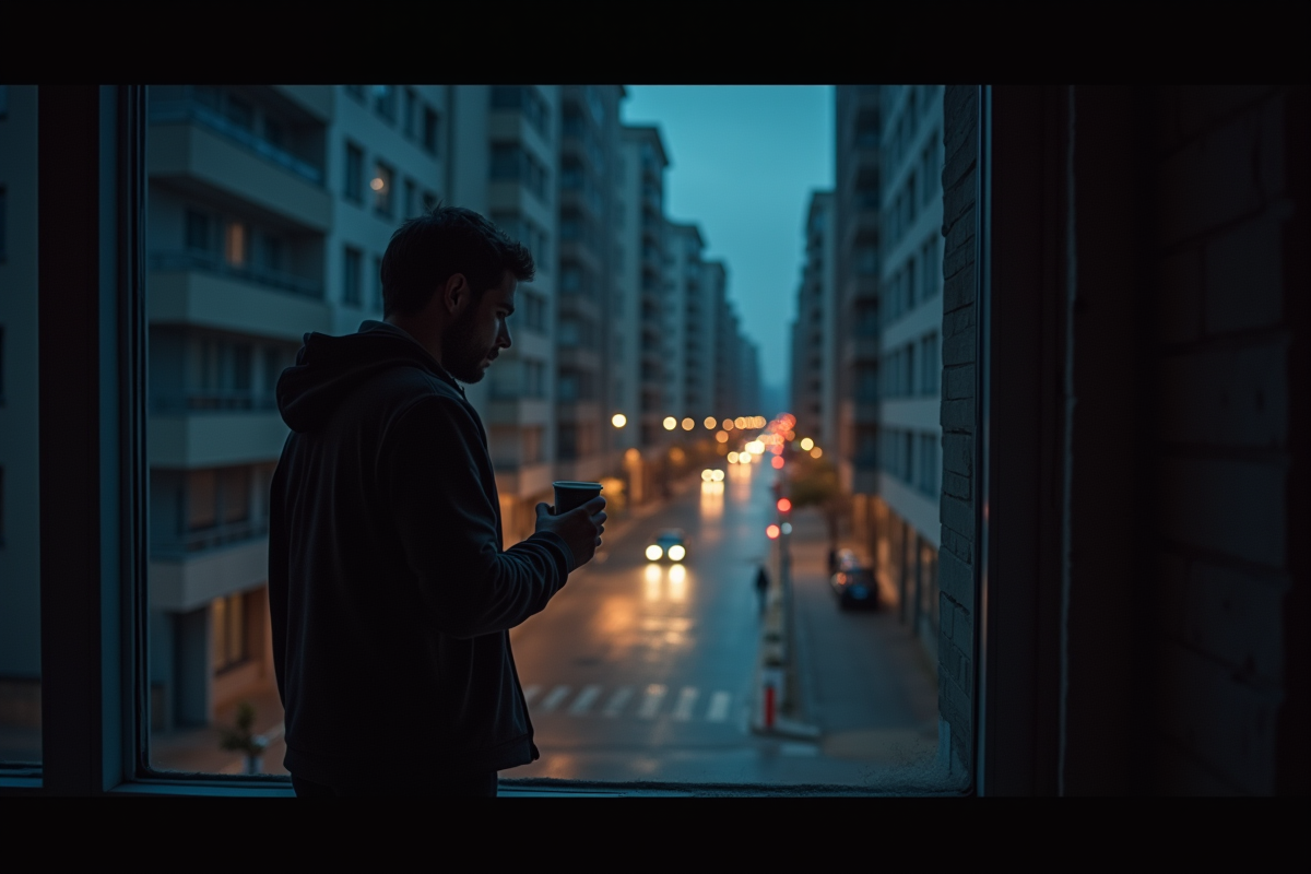 Rue calme de la ville la nuit vue depuis une fenetre d appartement