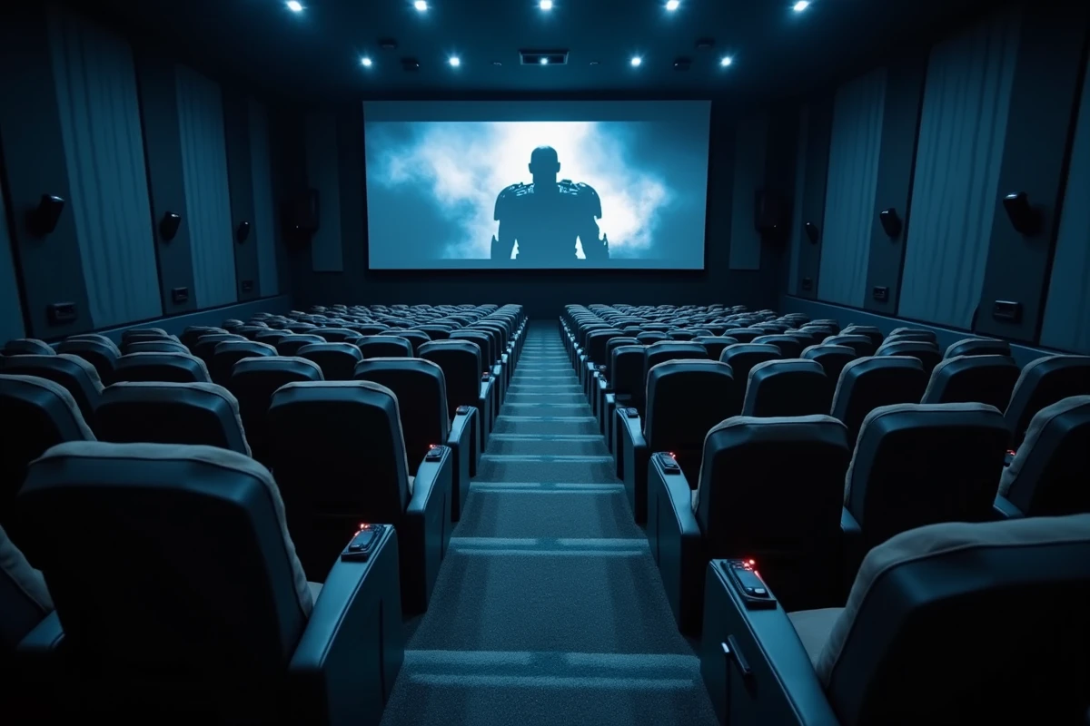 Vue panoramique d'une salle de cinéma 4DX vide avec rangées de fauteuils motorisés et équipements d'effets spéciaux