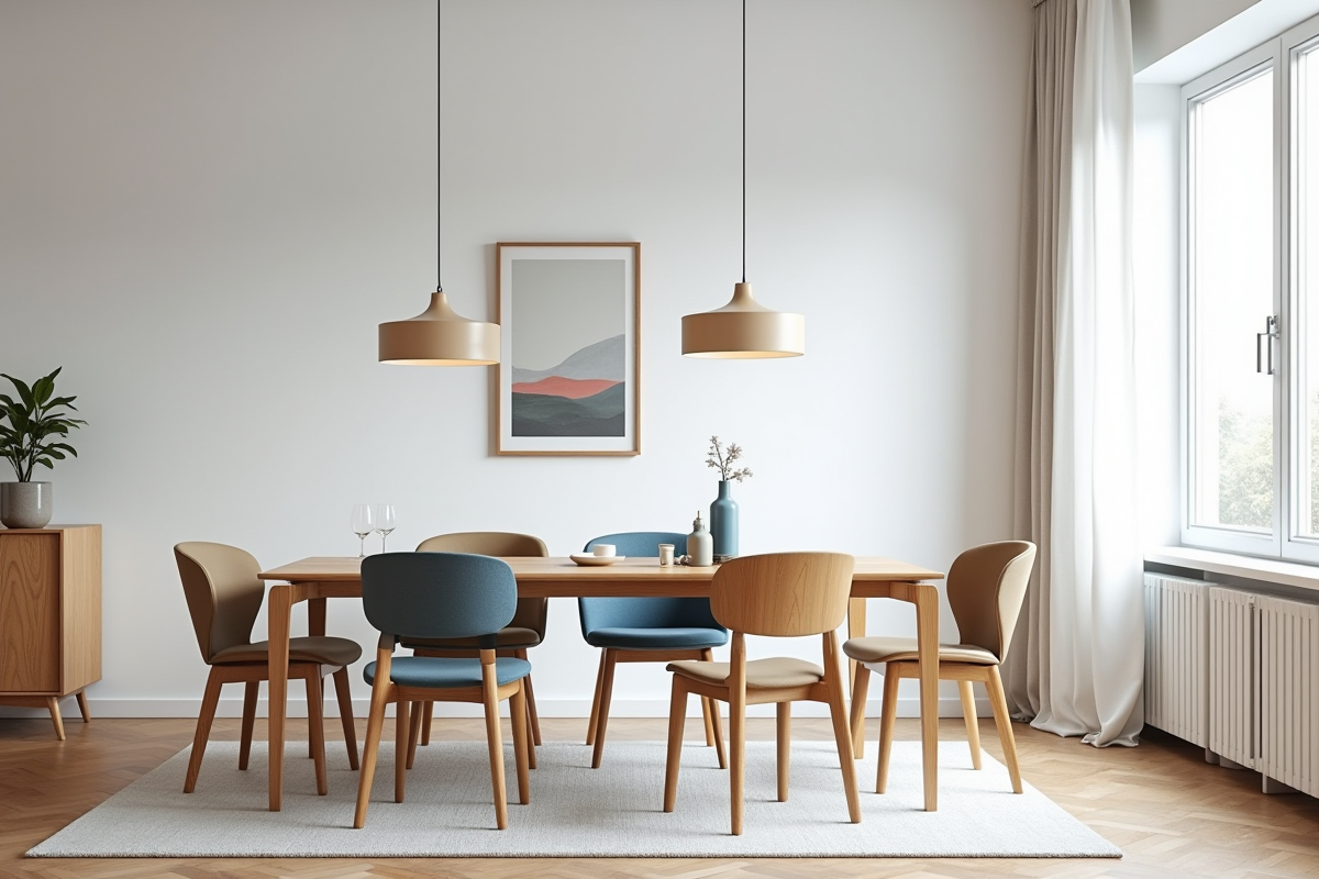 Salle à manger scandinave avec table en chêne et décoration pastel