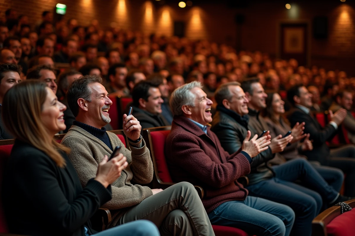 Salle de spectacle comique pleine de spectateurs riant lors d'un one-man-show à Paris