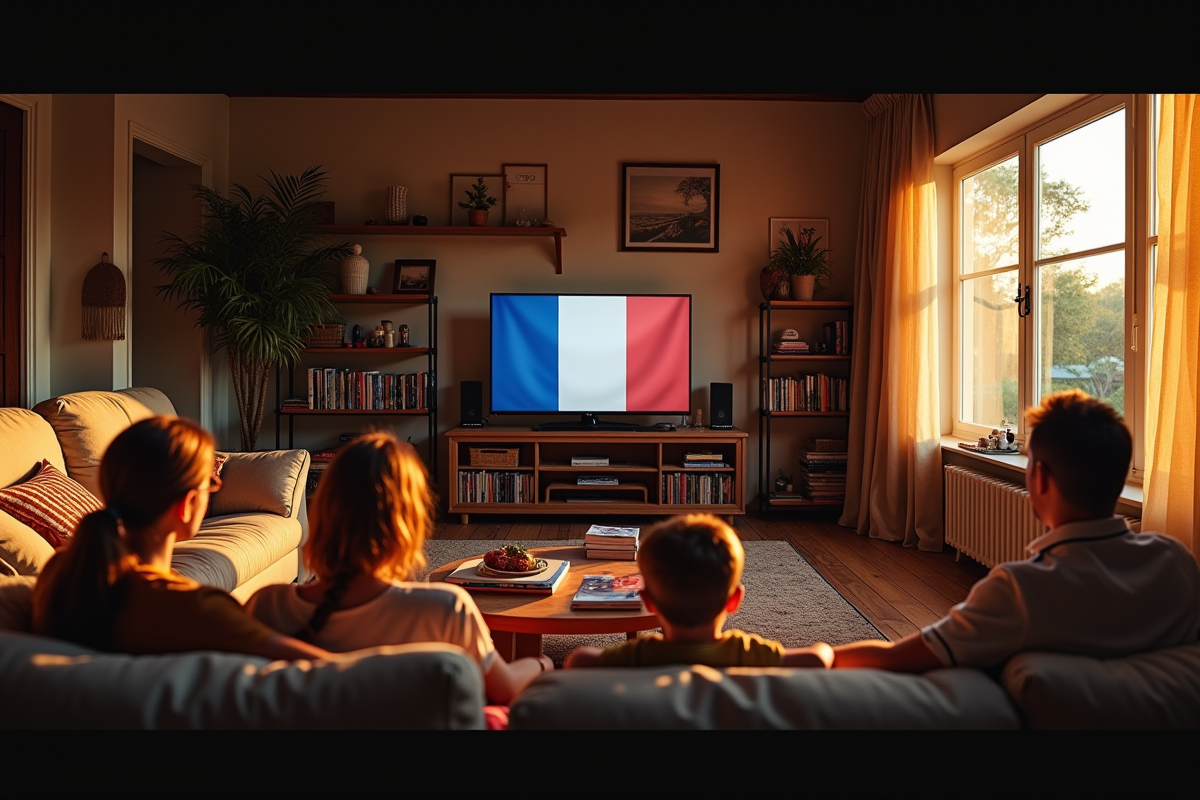 Salon chaleureux avec famille regardant un film français