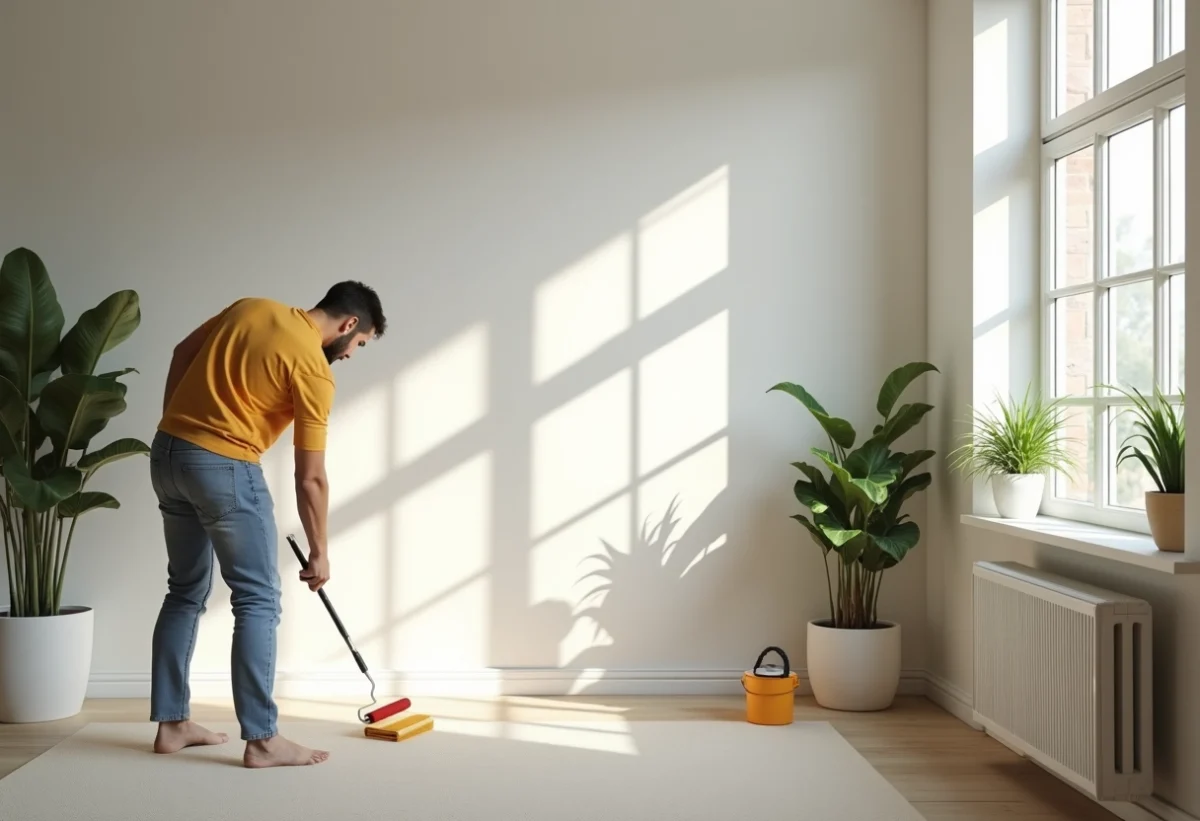 Salon moderne avec murs blancs peints à la main par un peintre naturel