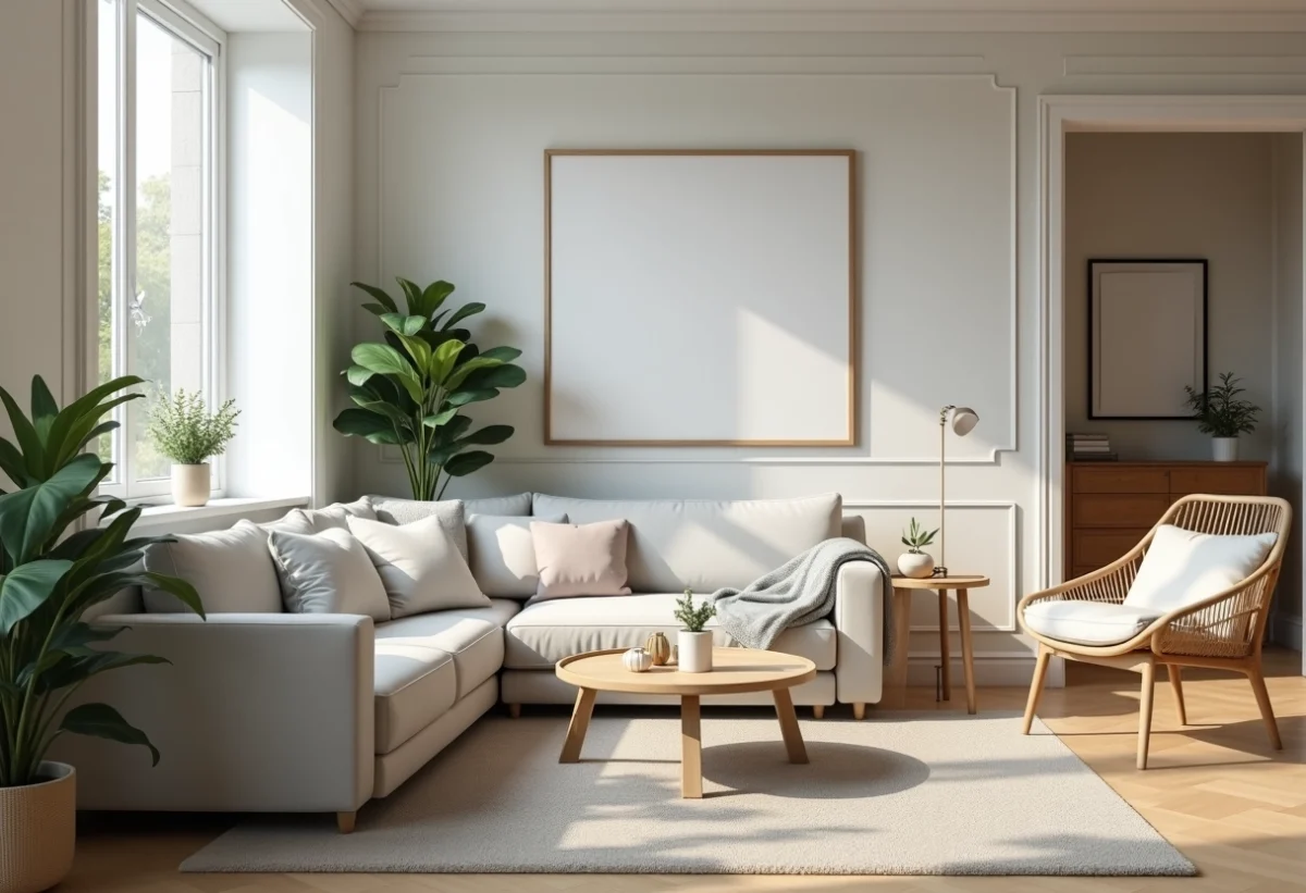 Salon scandinave lumineux avec couleurs douces et plantes vertes