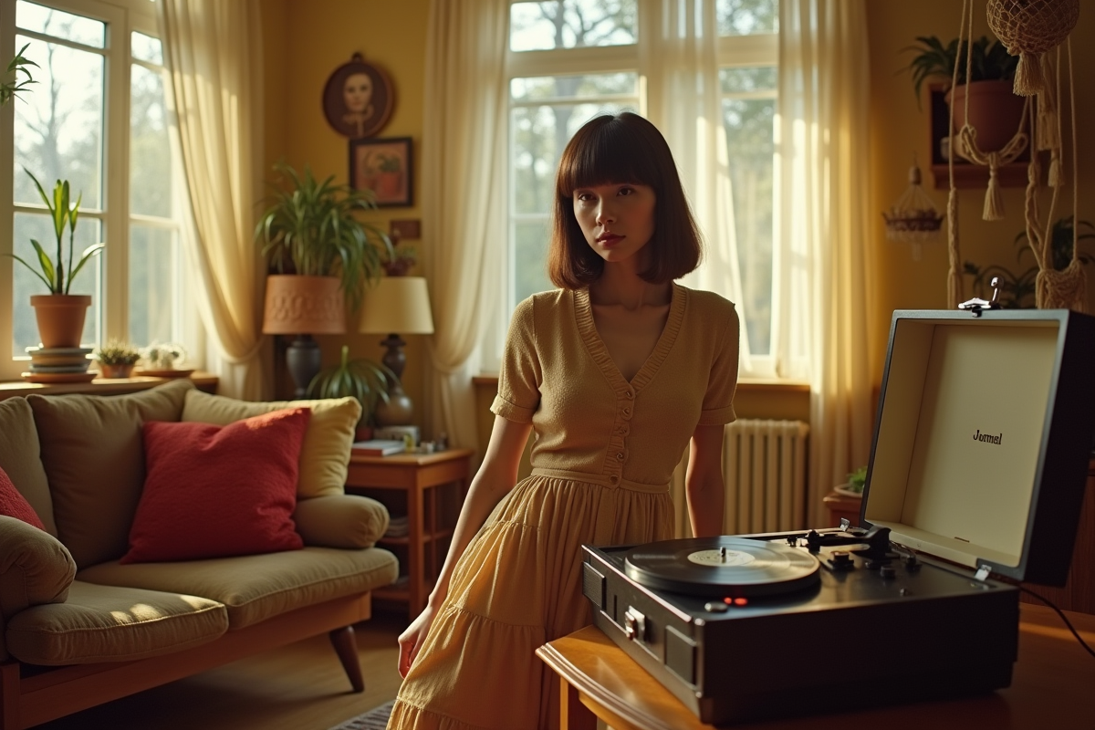 Intérieur de salon vintage de 1972 avec femme et platine vinyle