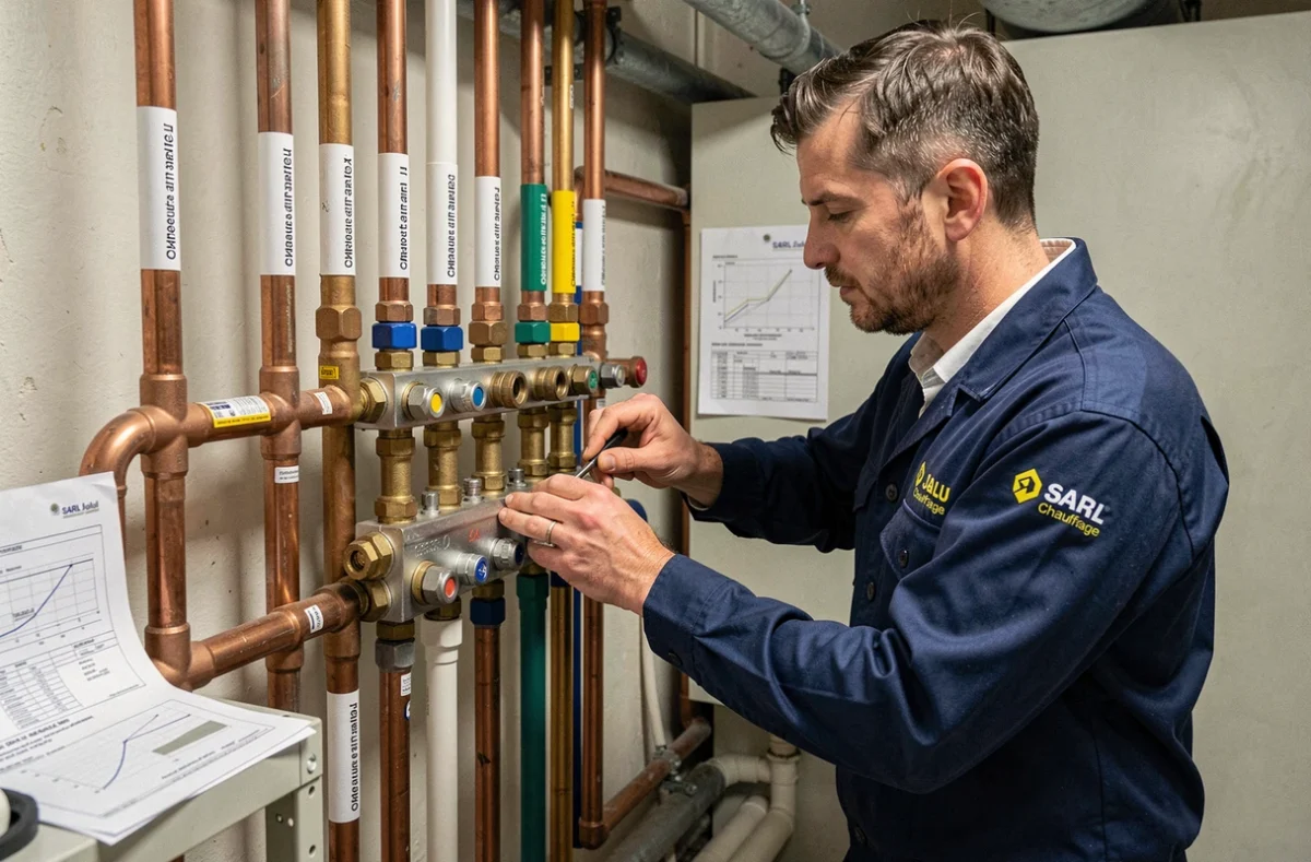 Technicien SARL Jalu Chauffage travaillant sur un collecteur de chauffage central
