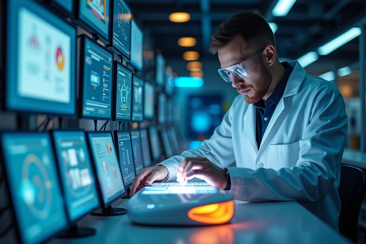 Scientifique dans un laboratoire moderne examinant un dispositif innovant
