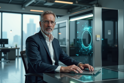 Scientiste homme en costume dans un laboratoire high-tech avec ordinateur quantique