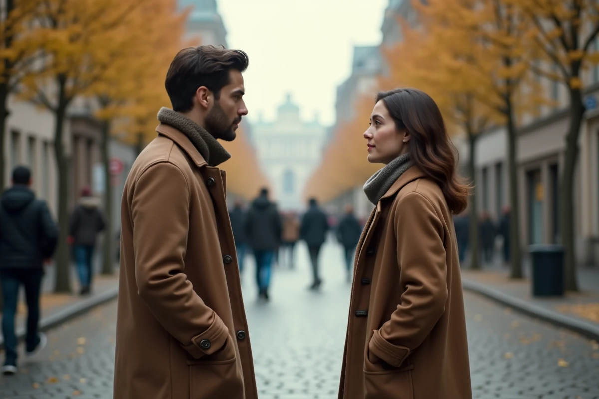 Couple séparé se faisant face à distance dans une rue pavée en automne, illustrant la phase de séparation et le retour de la flamme jumelle