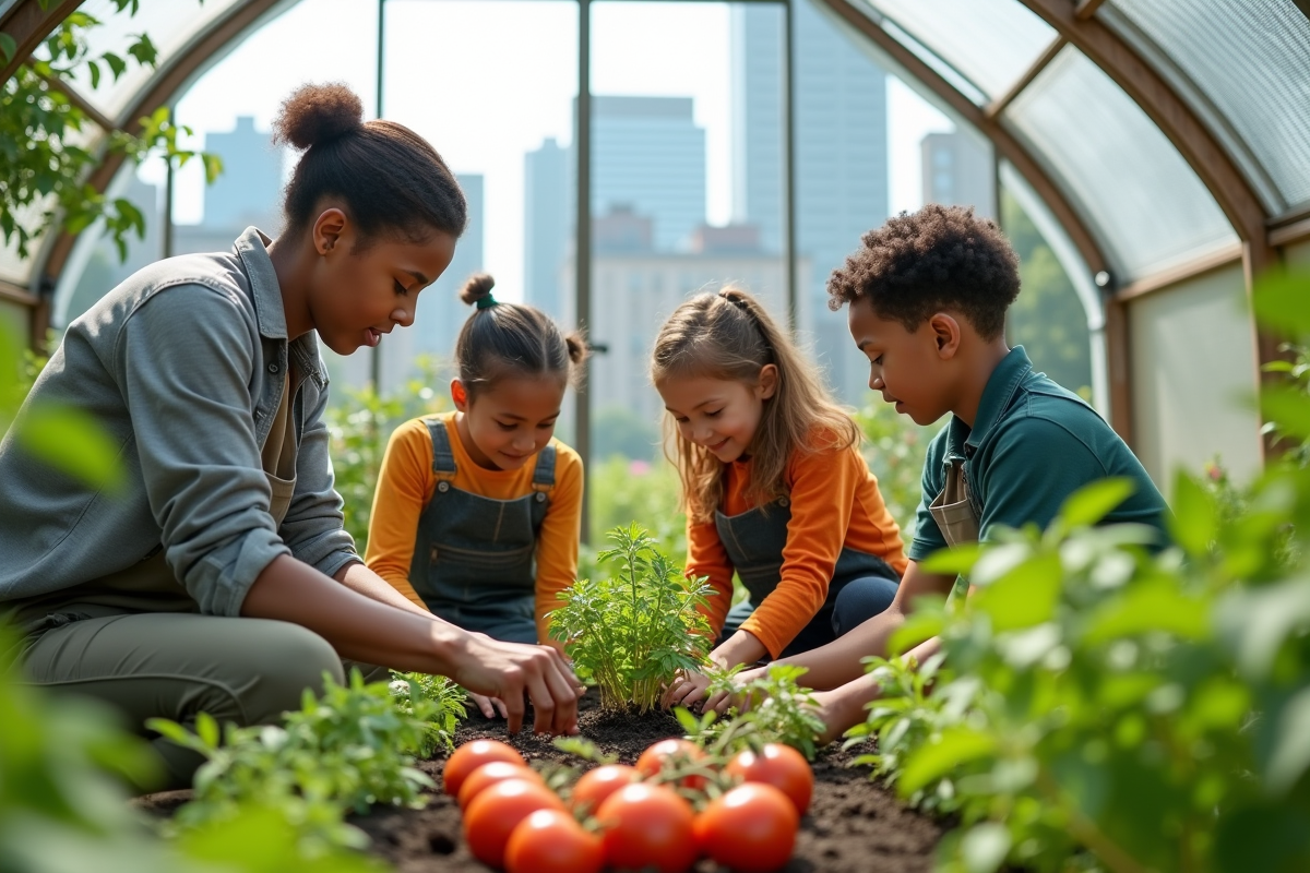 Serre communautaire en ville avec des adultes et enfants plantant
