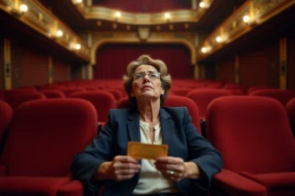Femme déçue assise dans un siège à vue obstruée au Théâtre Mogador avec un billet froissé à la main