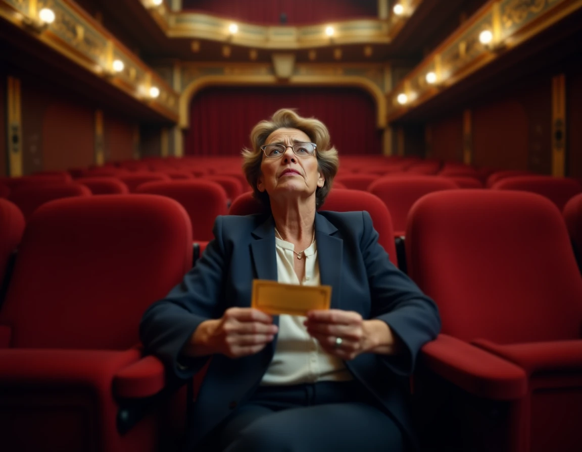 Femme déçue assise dans un siège à vue obstruée au Théâtre Mogador avec un billet froissé à la main