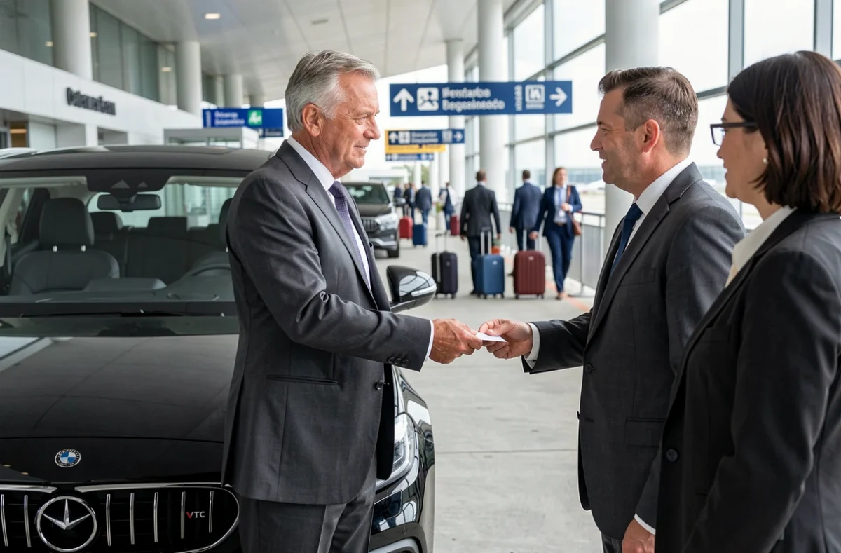 Service conciergerie SkyVTC remettant une carte à un client devant un aéroport parisien