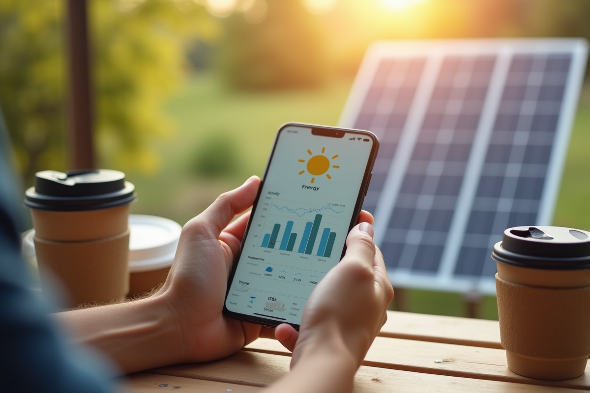Mains tenant un smartphone avec graphique de consommation d energie