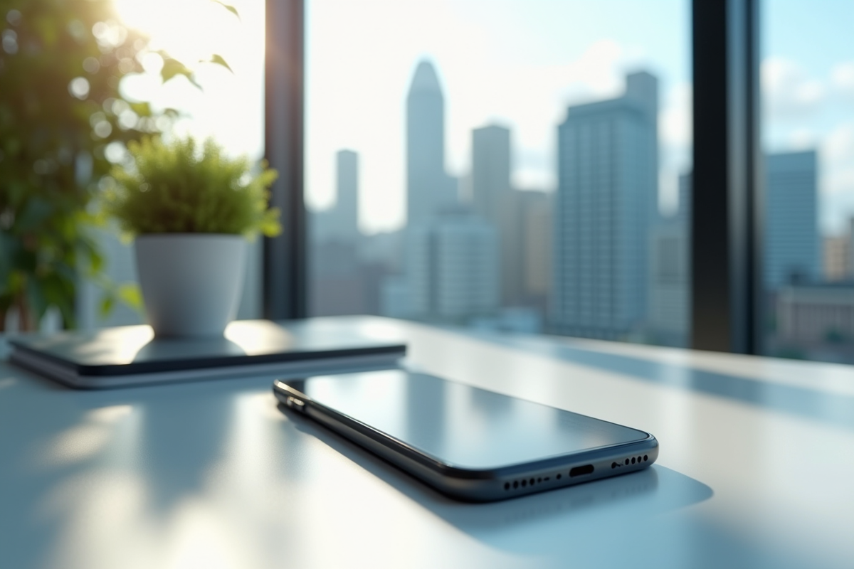Smartphone affichant une application VPN sur un bureau lumineux