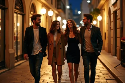 Groupe de jeunes adultes se promenant dans les rues du centre-ville de Marseille après une soirée en boîte de nuit