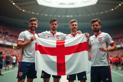 Supporters anglais tenant le drapeau de la Croix de Saint-Georges dans un stade de football