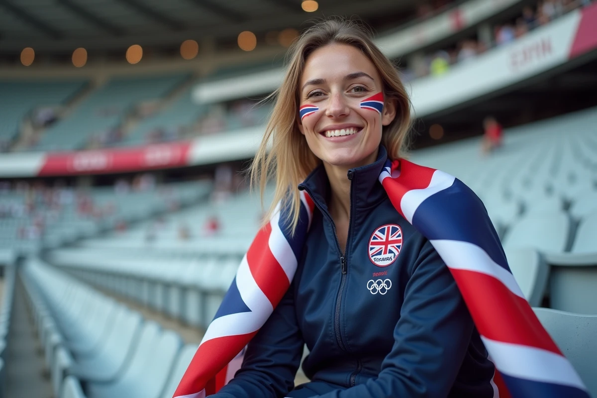 Supportrice britannique avec le drapeau Union Jack lors des Jeux Olympiques dans un stade