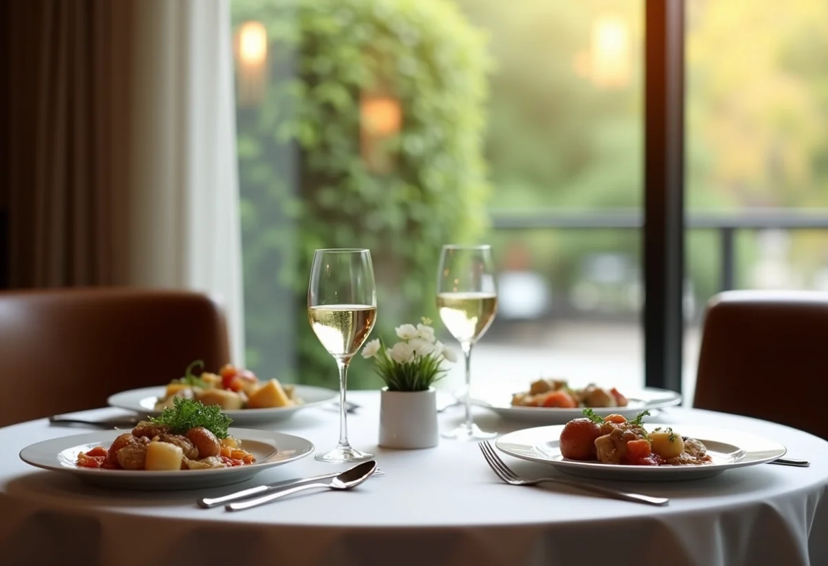 Table élégante pour deux avec plats artistiques et vin blanc