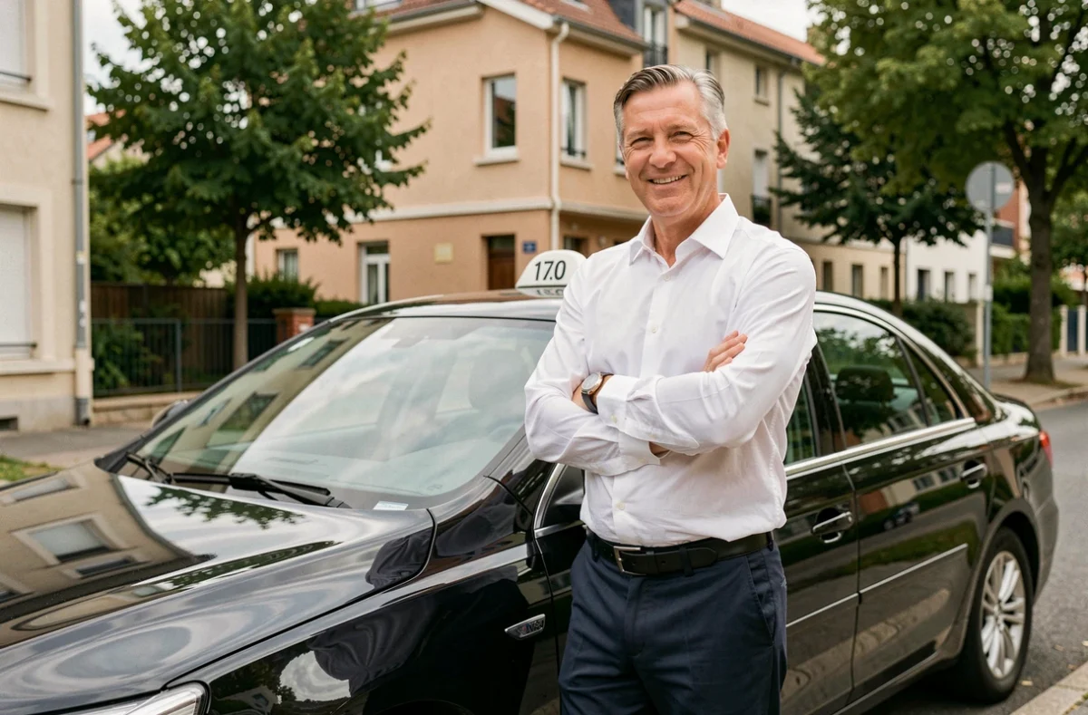 Chauffeur de taxi professionnel debout devant son véhicule noir dans le Val-de-Marne