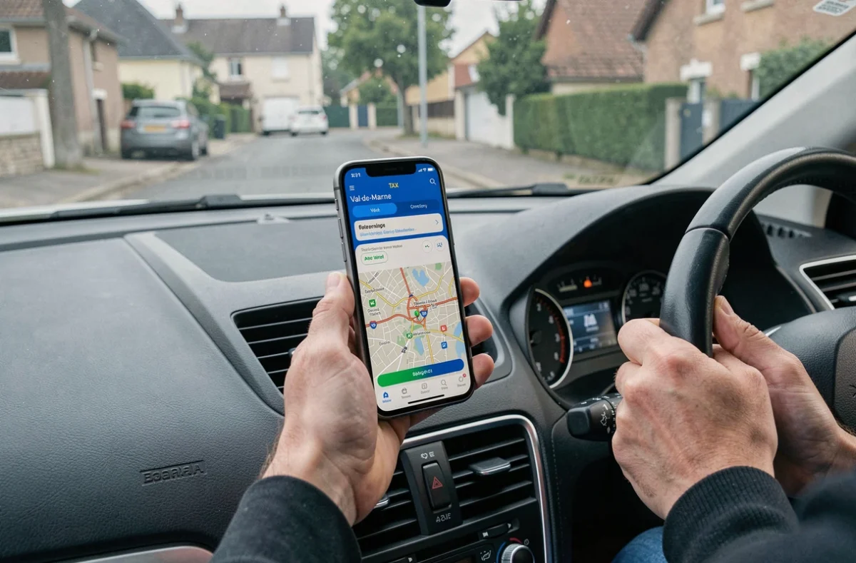 Application de réservation de taxi Taxiproxi affichée sur un smartphone dans un véhicule