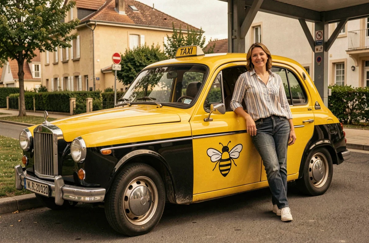 Taxi Abeilles avec logo sur la portière garé dans une rue résidentielle du Val-de-Marne