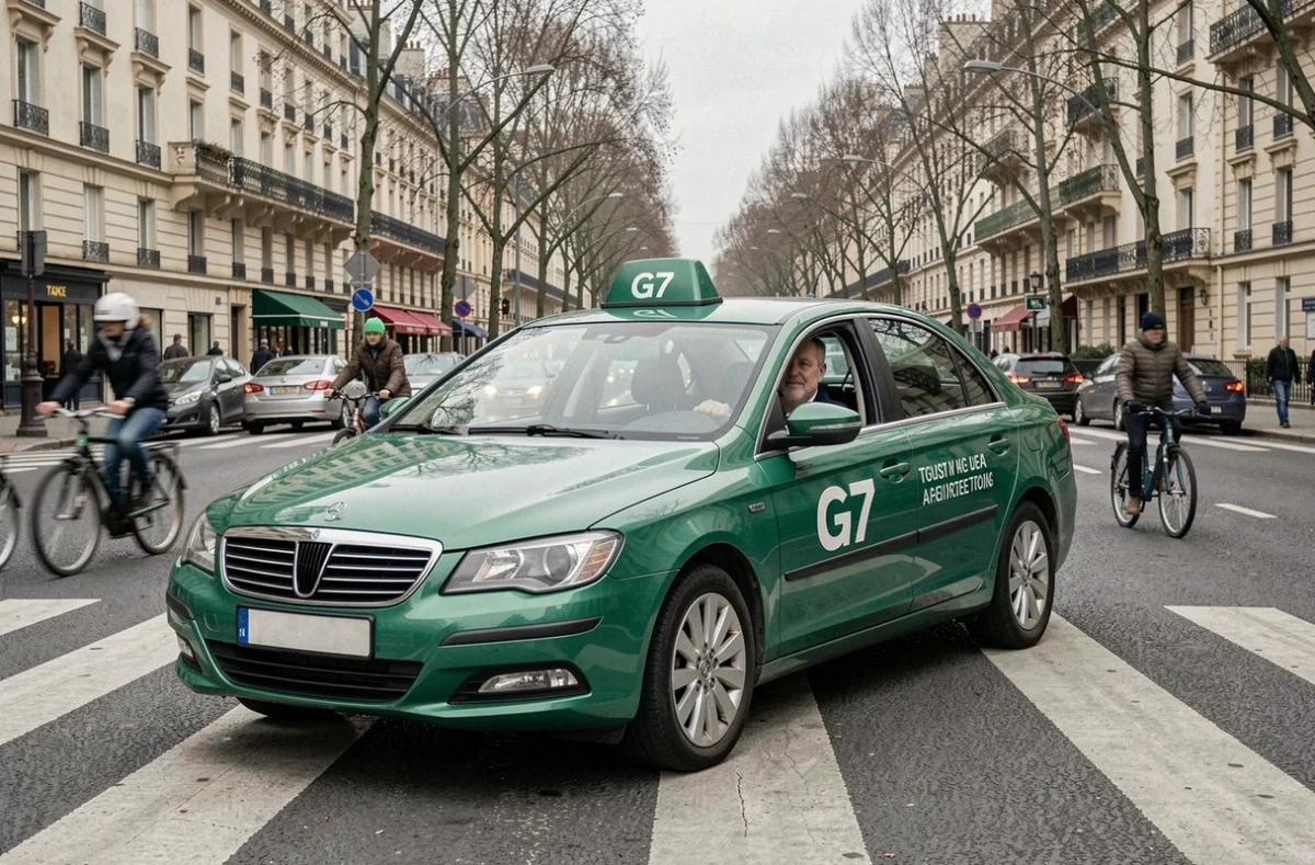 Taxi G7 avec signalétique verte arrêté à un passage piéton en banlieue parisienne