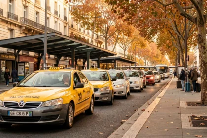 File de taxis attendant des passagers devant une gare du Val-de-Marne en automne