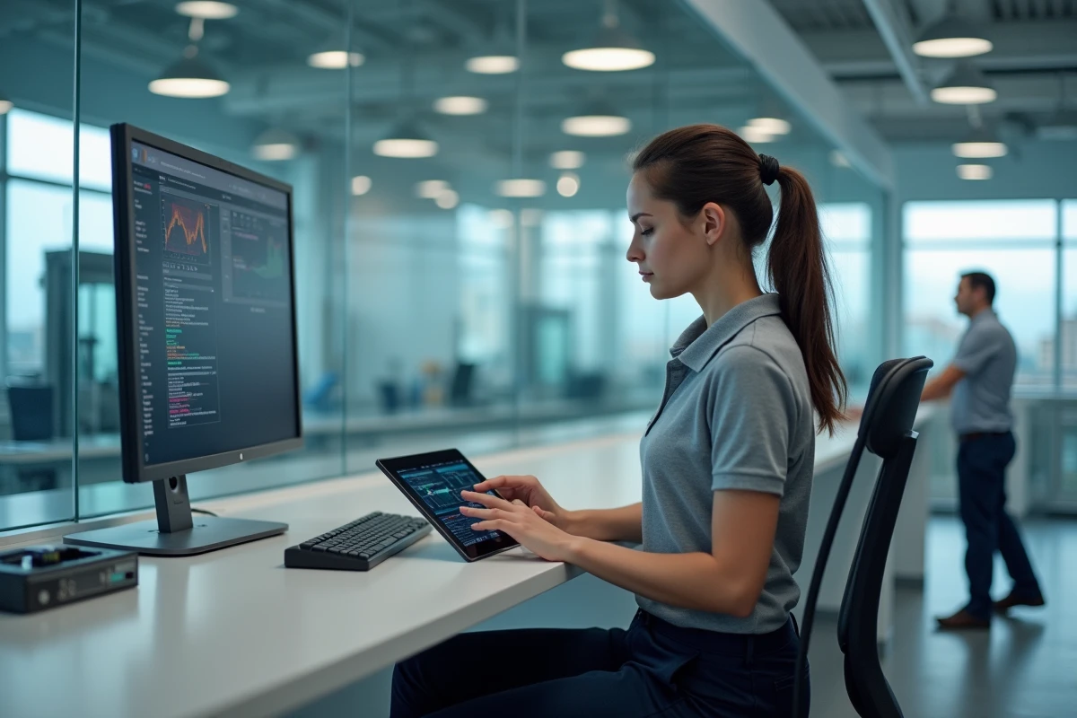 Technicienne femme contrôlant une ligne de production avec une tablette