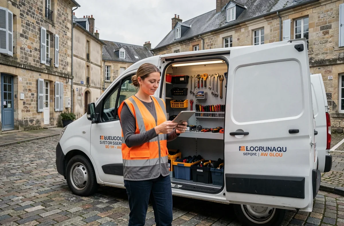Technicienne serrurier avec camion d'intervention équipé dans une rue d'Anjou en Maine-et-Loire