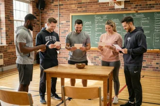 Groupe de participants tirant au sort des équipes aléatoires autour d'une table dans une salle polyvalente