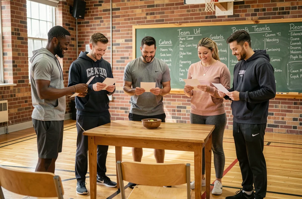 Groupe de participants tirant au sort des équipes aléatoires autour d'une table dans une salle polyvalente