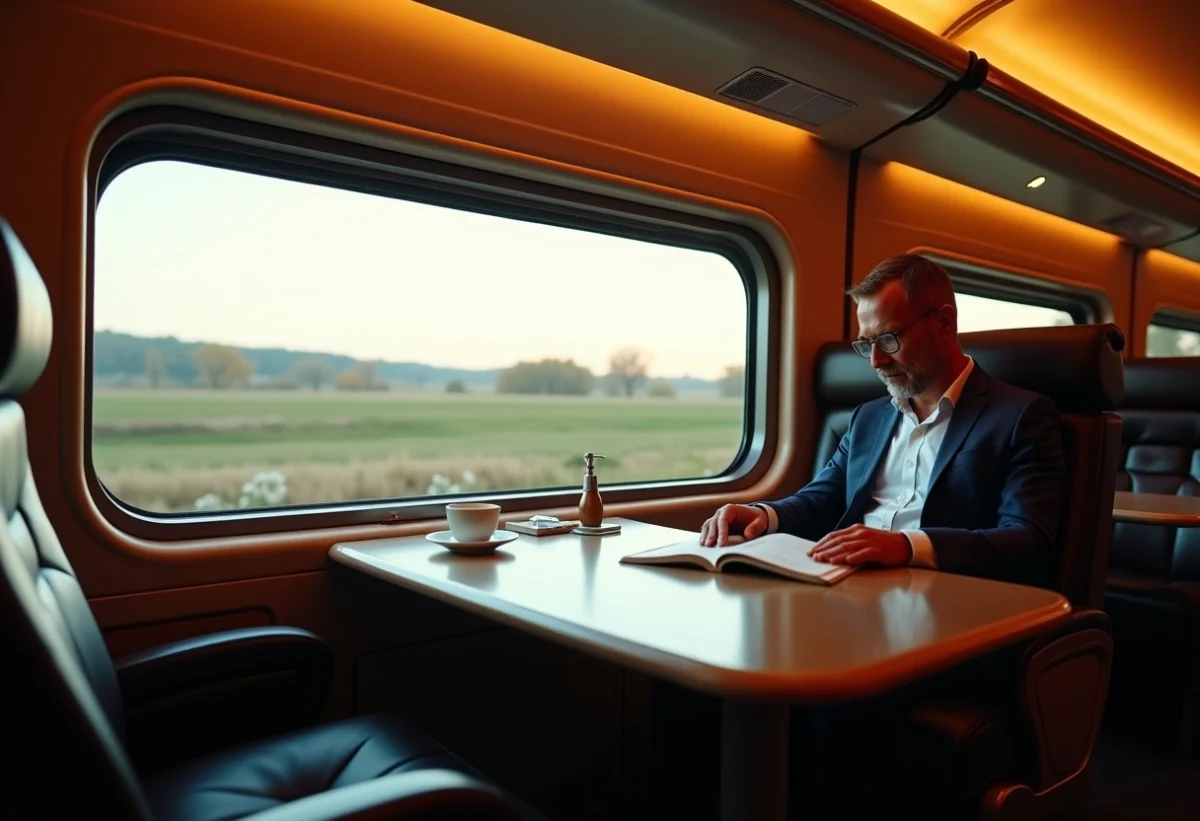 Intérieur moderne d'une cabine première classe de train avec sièges en cuir et vue panoramique