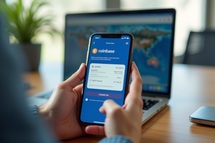 Main tenant un smartphone avec transaction Coinbase en vue