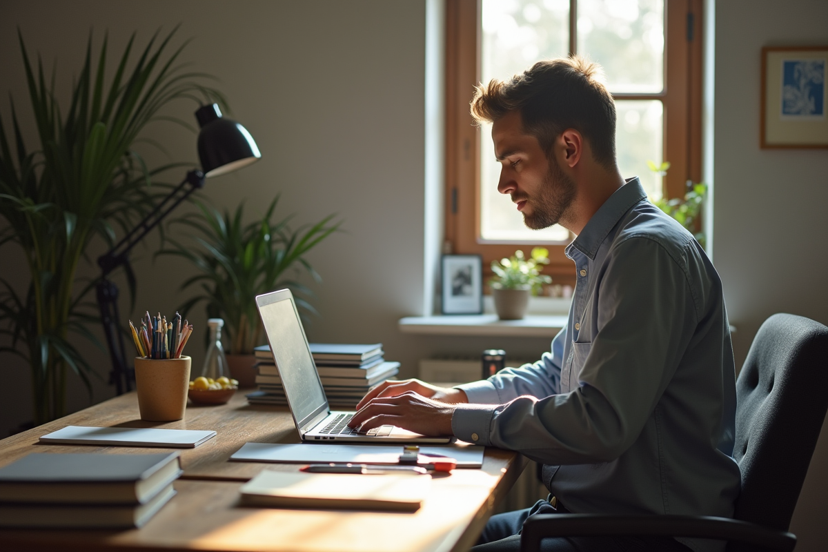 Personne travaillant sur un ordinateur à un bureau organisé