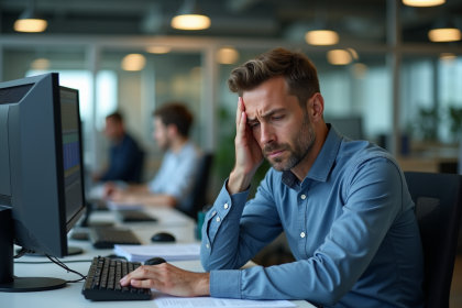 Employe stressé au bureau avec écrans et papiers