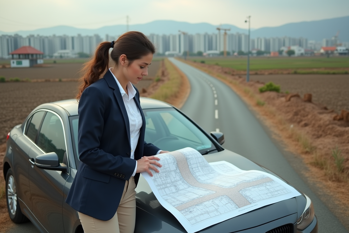 Jeune urbaniste déployant une carte dans la campagne