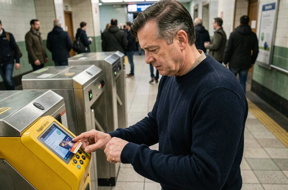 Homme validant son passe Navigo à l'entrée d'une station de métro ligne 9 à Paris