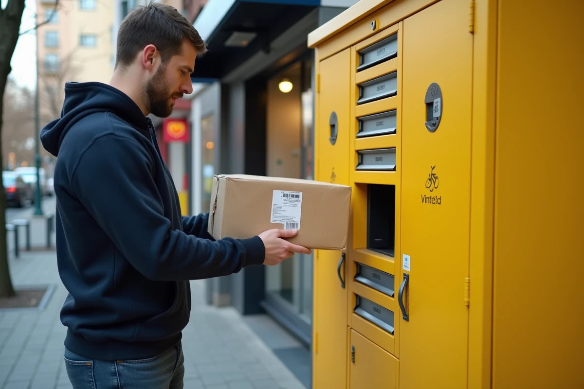Vendeur Vinted vérifiant les dimensions d'un colis devant un casier Vinted Go en milieu urbain