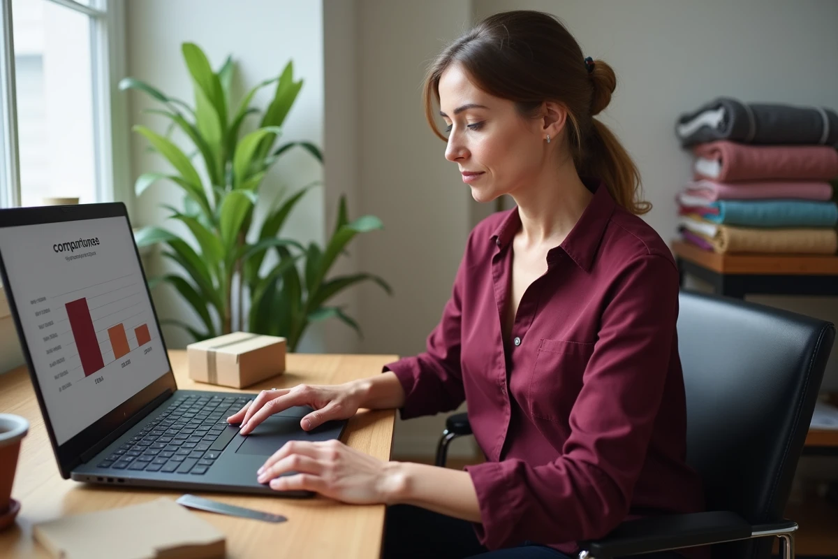 Vendeuse Vinted vérifiant les dimensions de casier Vinted Go sur ordinateur portable à son bureau