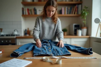 Vendeuse Vinted mesurant les dimensions d'un vêtement plié sur une table en bois avec un mètre ruban