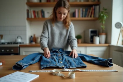 Vendeuse Vinted mesurant les dimensions d'un vêtement plié sur une table en bois avec un mètre ruban