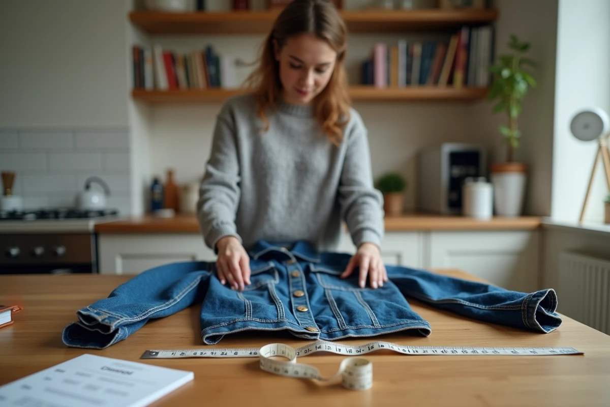 Vendeuse Vinted mesurant les dimensions d'un vêtement plié sur une table en bois avec un mètre ruban
