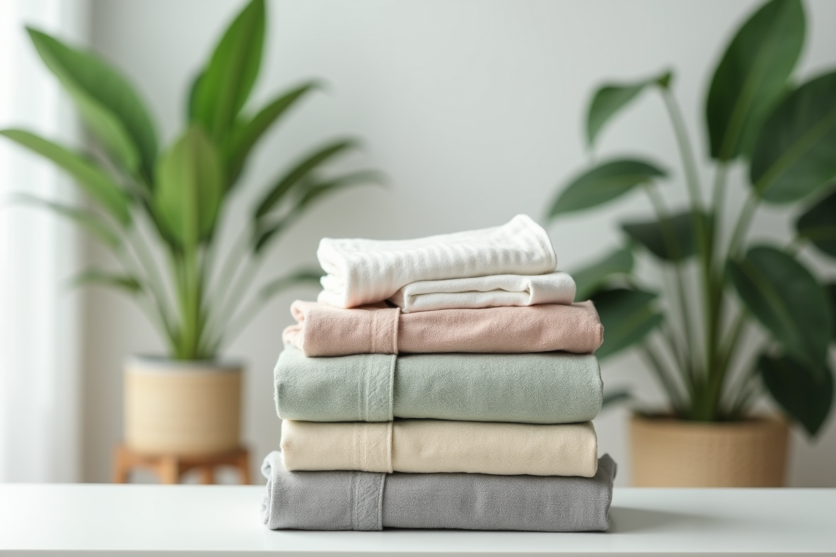 Vêtements durables pliés avec plante verte dans un intérieur moderne
